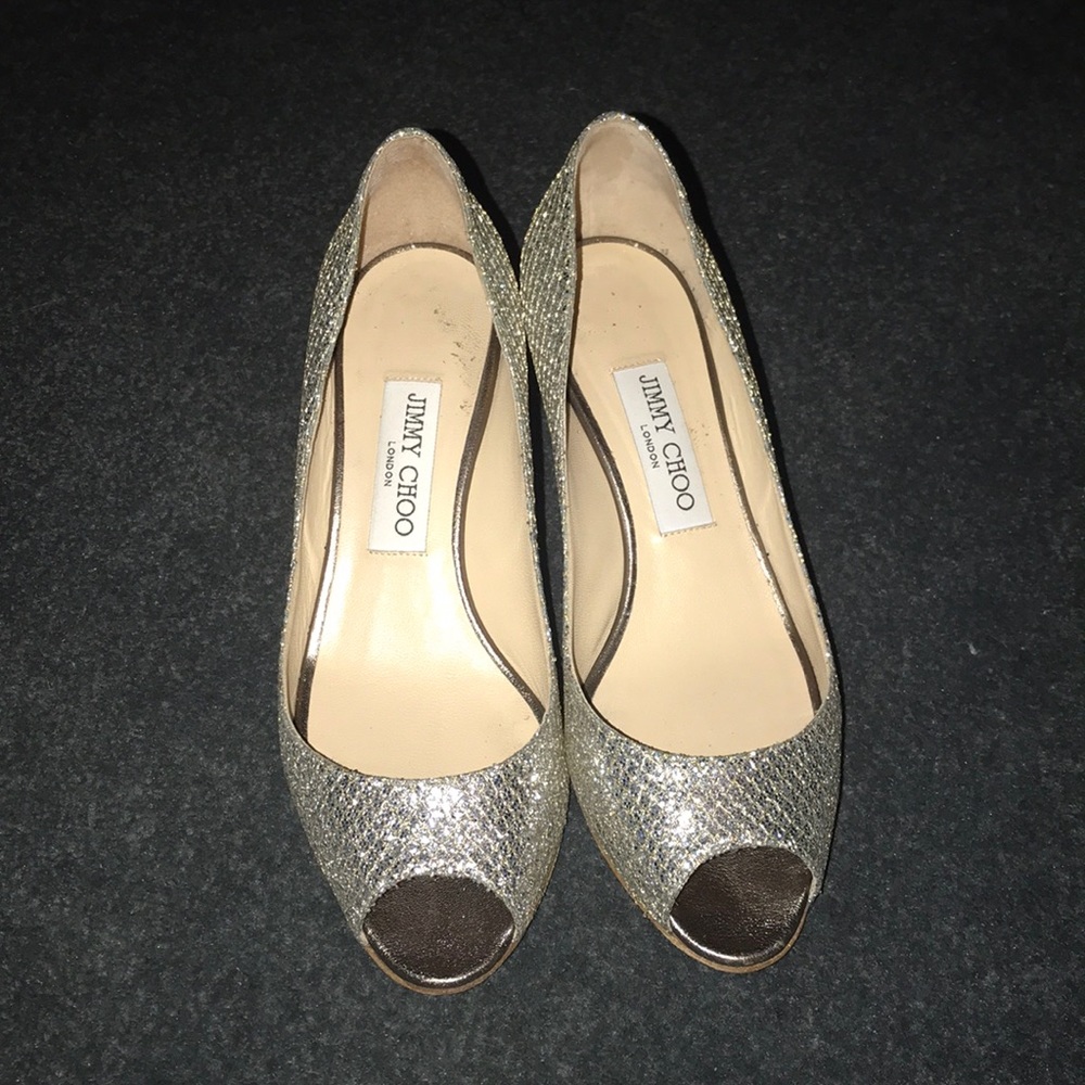 Jimmy Choo Gold Glitter Peep-Toe Pumps